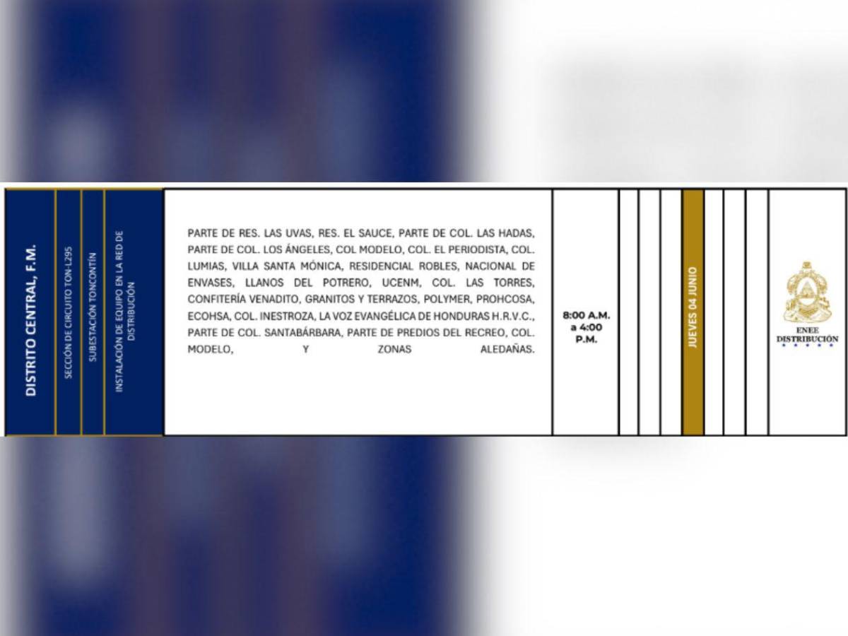 Estos son los sitios de Honduras que no tendrán luz este jueves 4 de junio