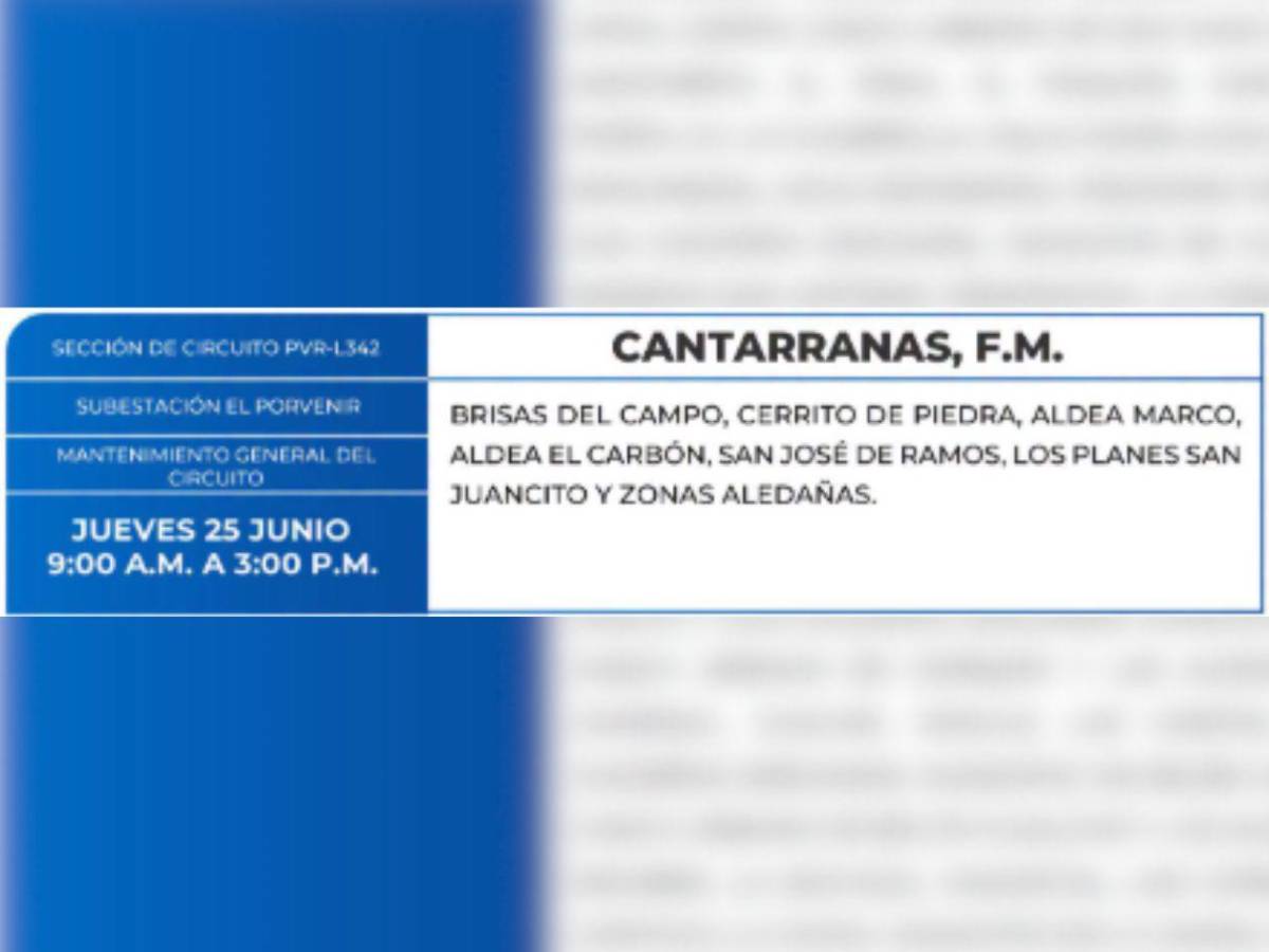 Ocho horas sin luz estarán estas zonas de Honduras este jueves 25 de junio