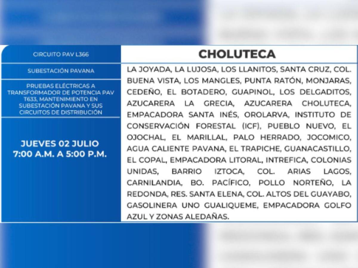 Más de 100 zonas de Honduras no tendrán luz este jueves 2 de julio