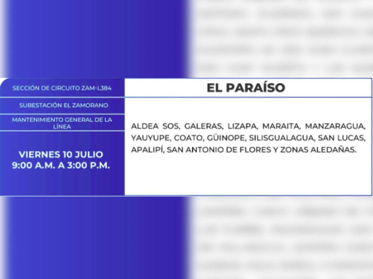 Amplios cortes de luz en estas zonas de Honduras este viernes 10 de julio