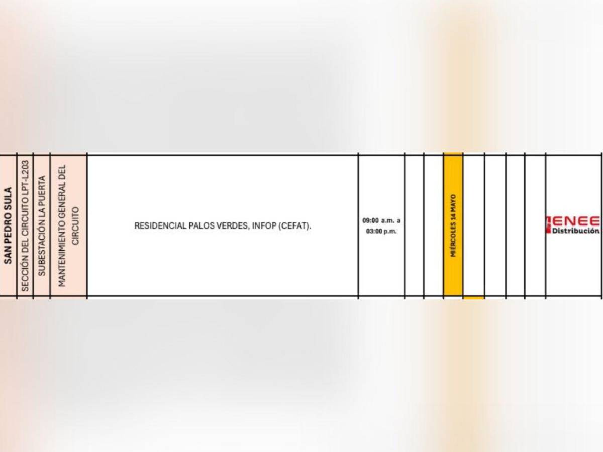 Seis horas sin energía eléctrica este miércoles 14 de mayo en Honduras