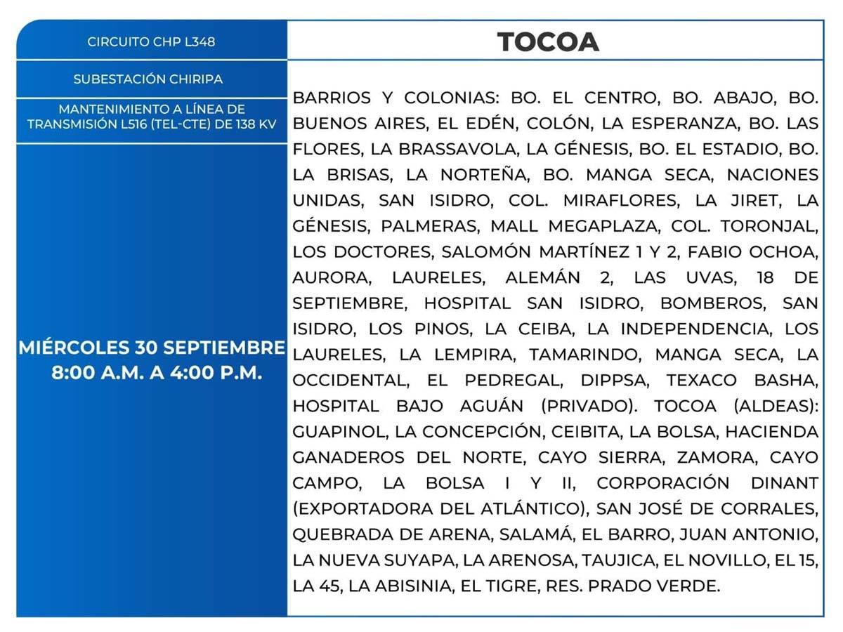 Más de 100 zonas de Honduras no tendrán luz este miércoles 30 de septiembre