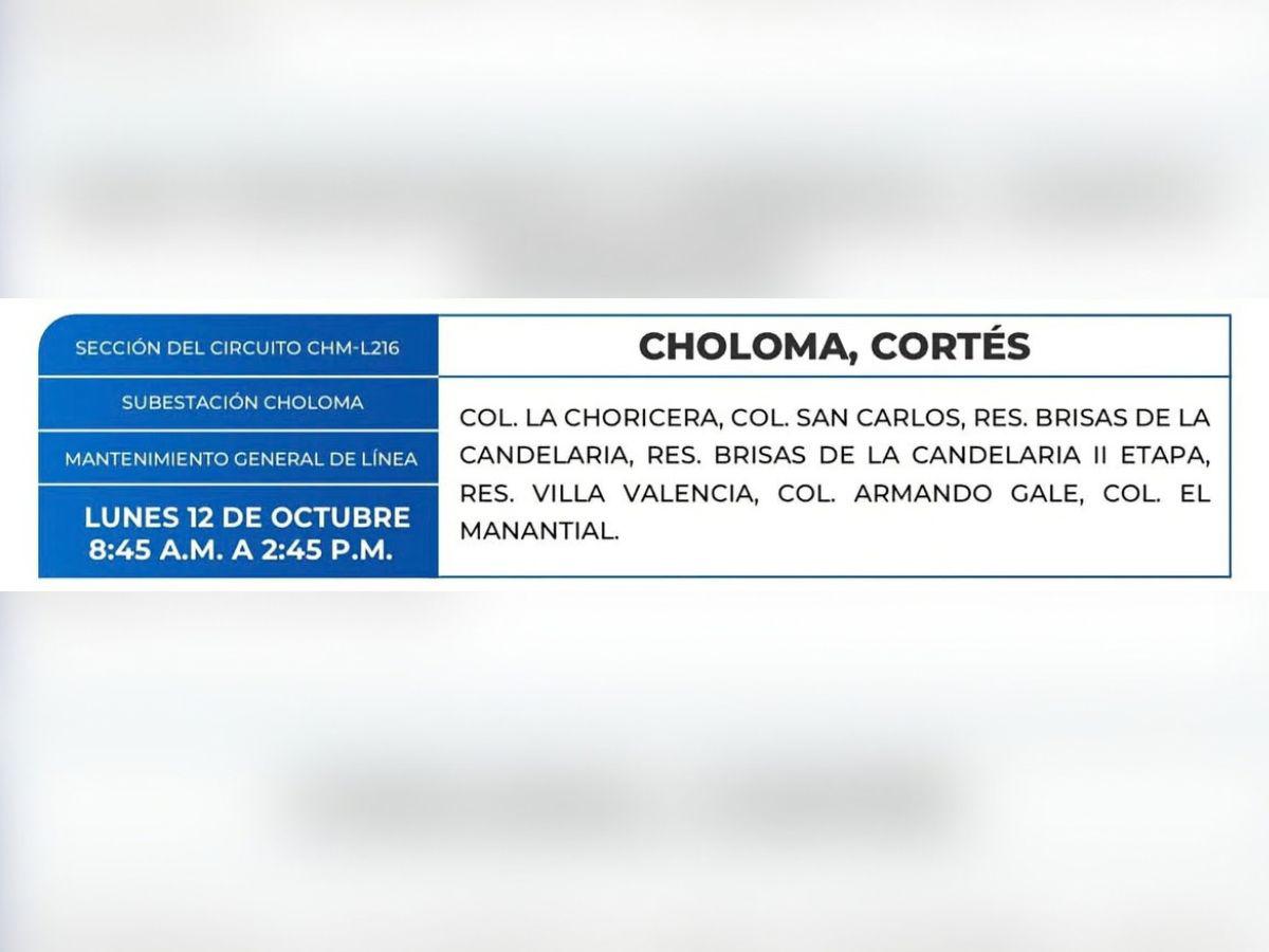Zonas de Honduras sin energía este lunes 12 de octubre