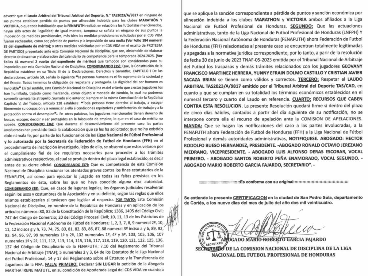 La resolución de la Comisión de Disciplina dejando sin lugar la demanda del Vida.