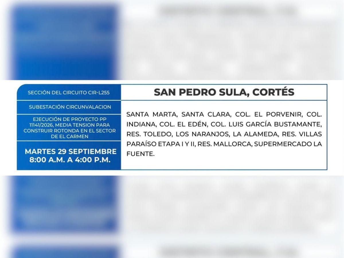 Lugares de Honduras sin energía este martes 29 de septiembre
