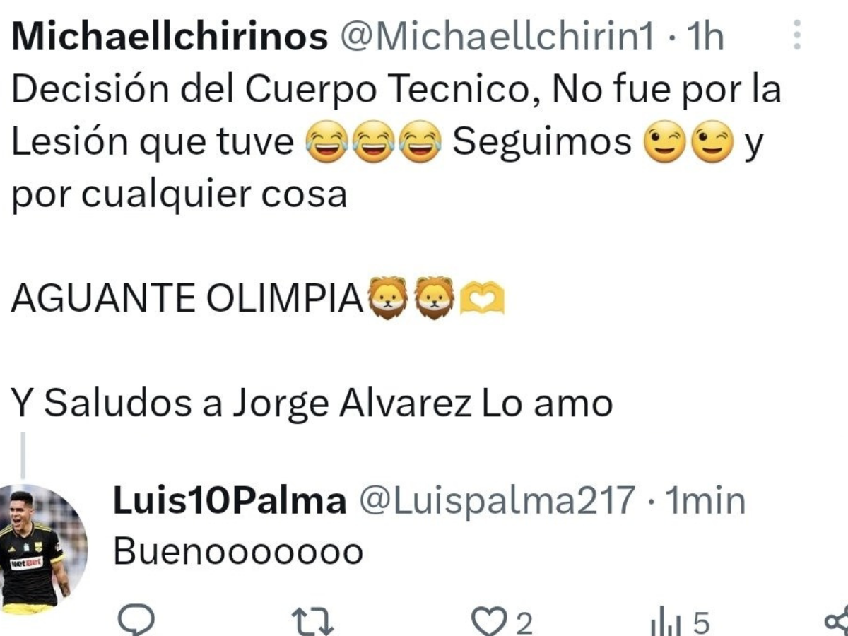 Michaell Chirinos y su aclaración en Twitter. El también futbolista hondureño Luis Palma le respondió.