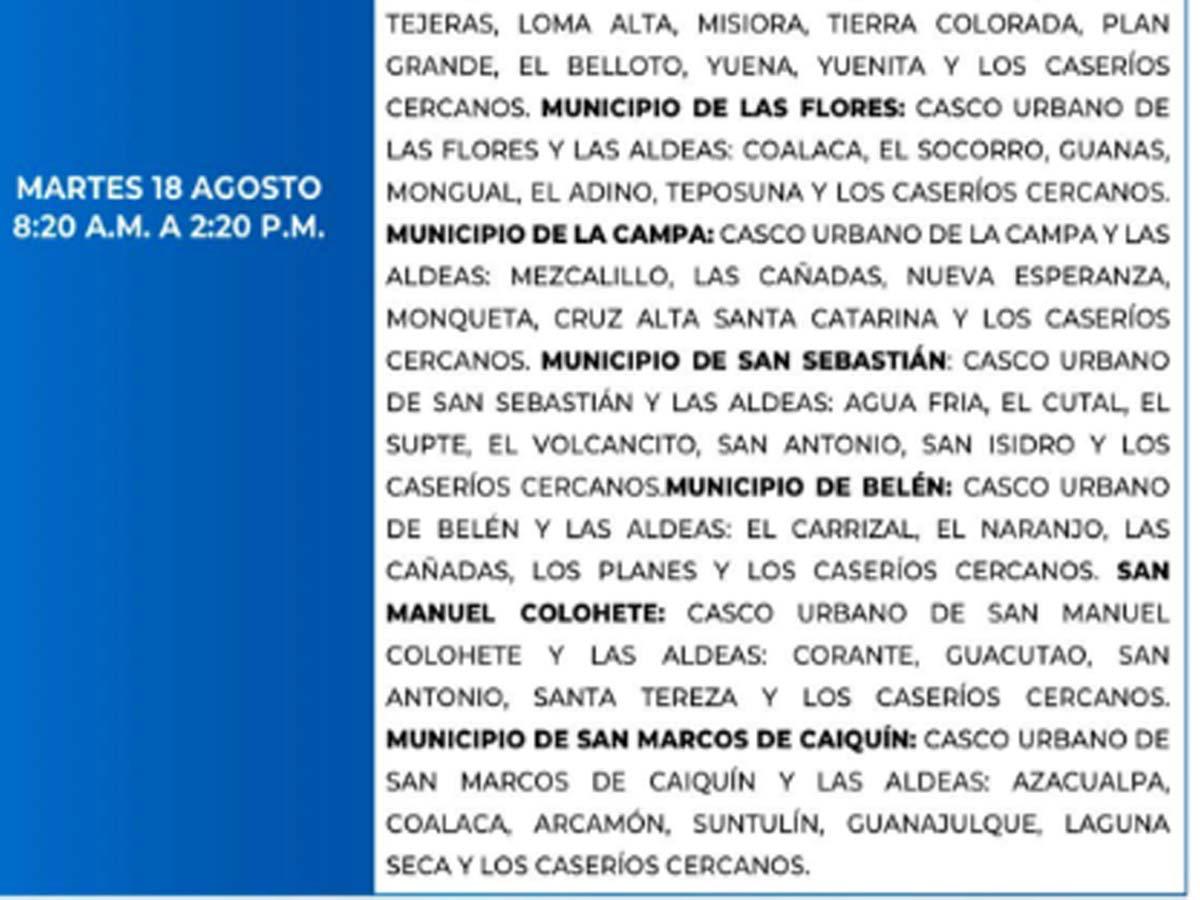 Cortes de energía este martes 18 de agosto: El Paraíso, Lempira, Santa Bárbara, Cortés e Intibucá