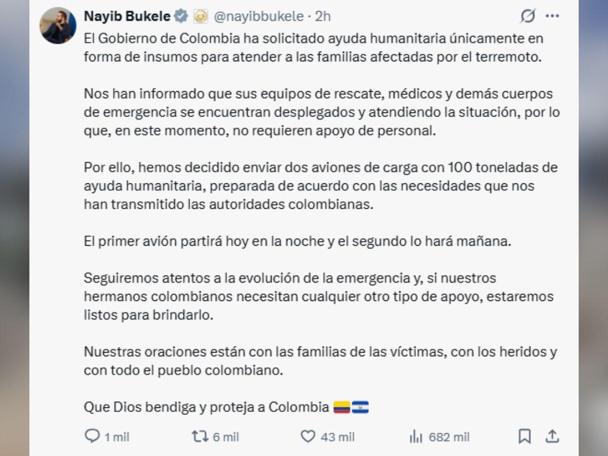 Nayib Bukele a Colombia: Enviaremos dos aviones con 100 toneladas de ayuda humanitaria