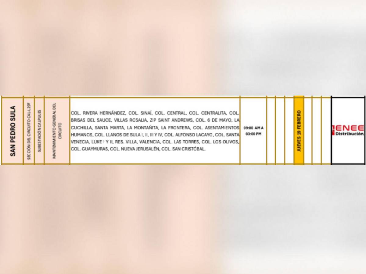 Más de 100 sectores de Honduras no tendrán luz este jueves 19 de febrero