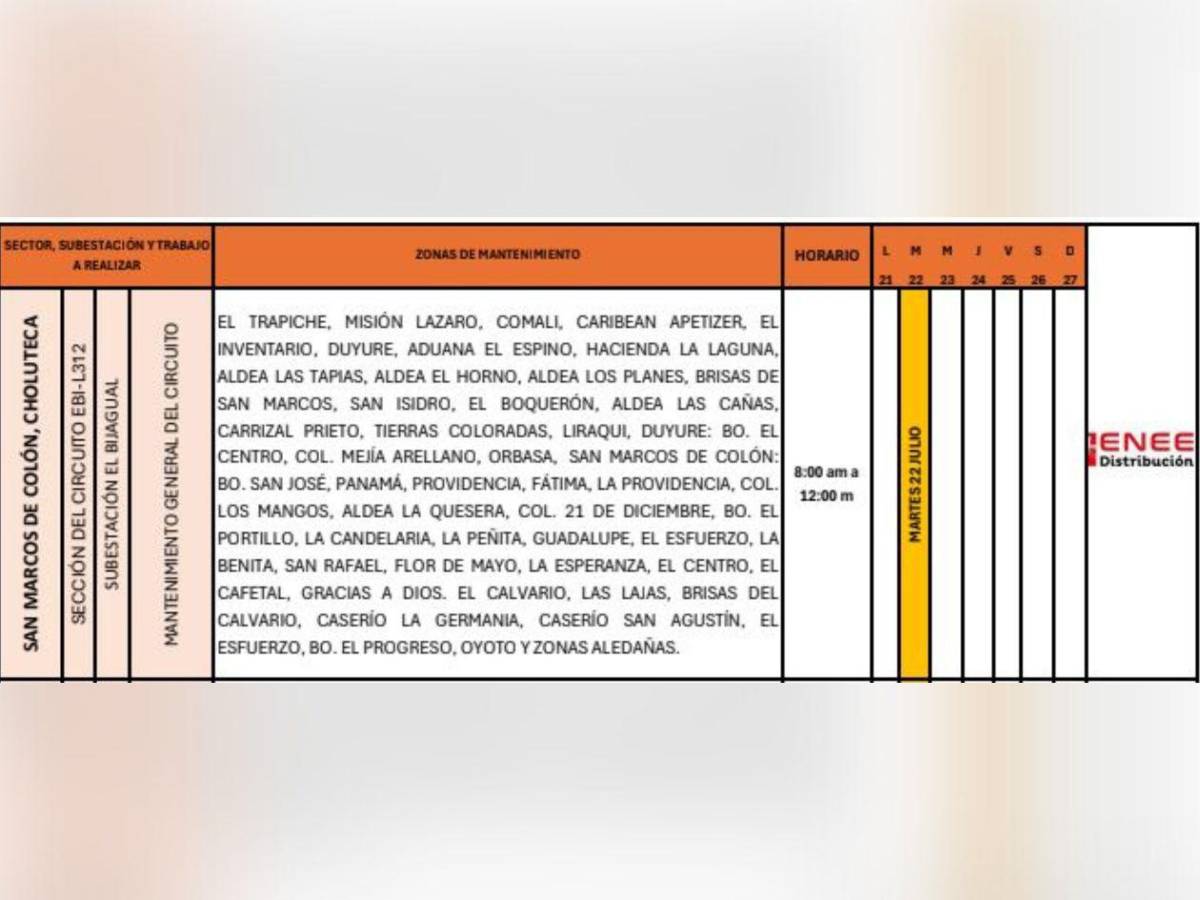 Sin luz por más de seis horas este martes 22 de julio en Honduras