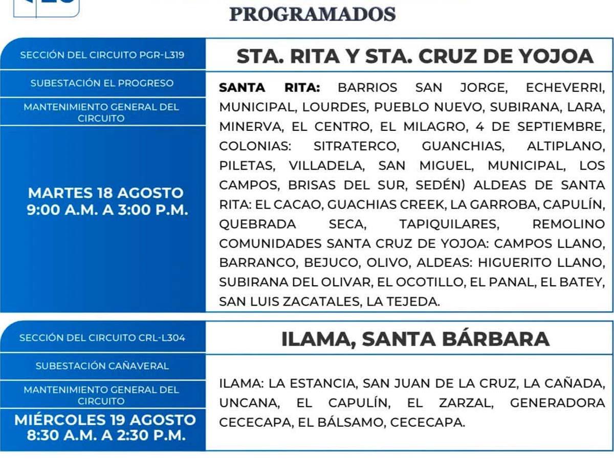 Cortes de energía este martes 18 de agosto: El Paraíso, Lempira, Santa Bárbara, Cortés e Intibucá