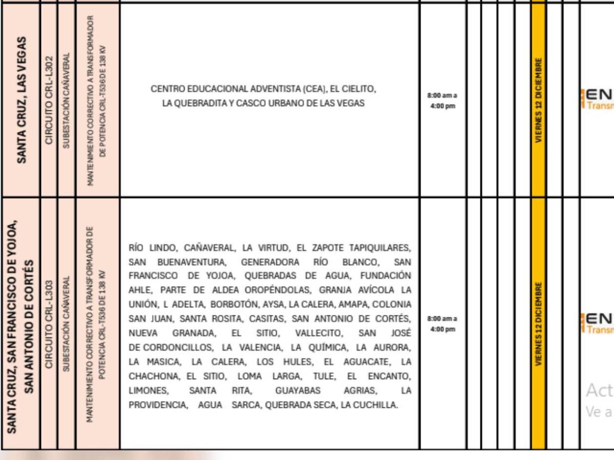 Enee publica listado de colonias que tendrán cortes de luz esta semana del 8 al 14 de diciembre