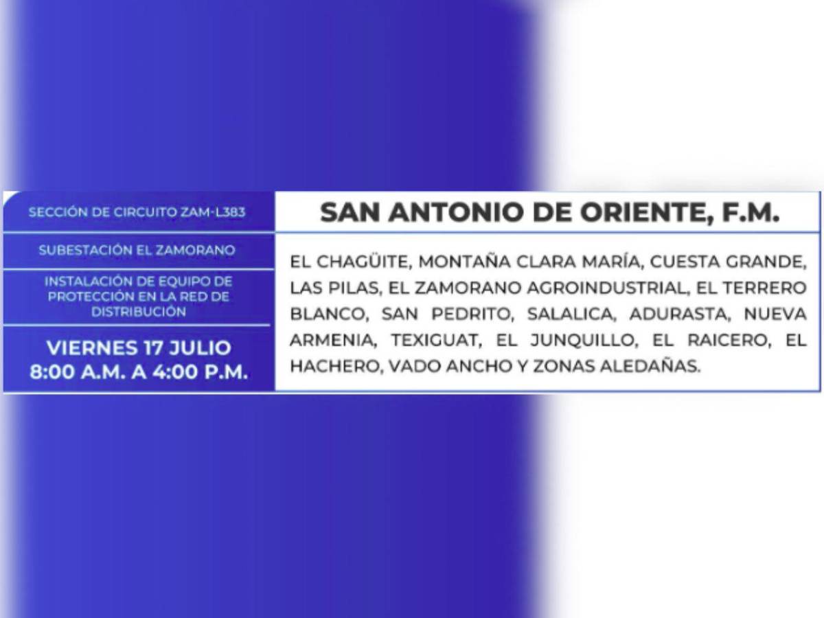 Amplios cortes de energía en estas zonas de Honduras este viernes 17 de julio