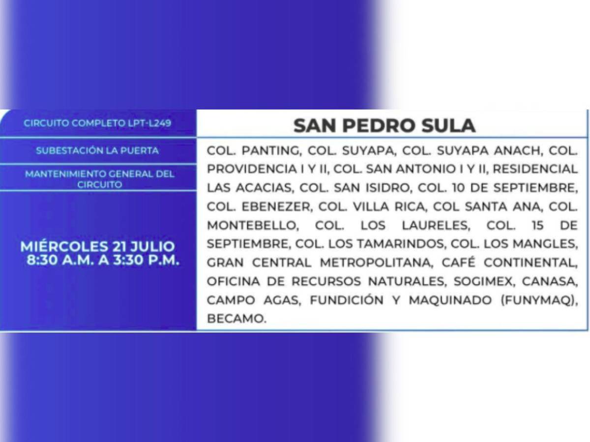 Estas zonas de Honduras no tendrán energía este miércoles 22 de julio