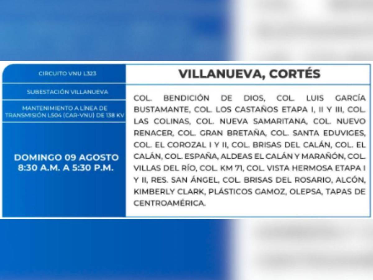 Nueve horas sin luz estarán estas zonas de Honduras este domingo 9 de agosto