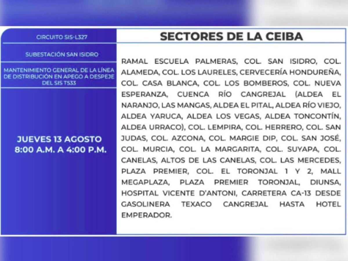 Más de 100 zonas de Honduras no tendrán luz por ocho horas este jueves 13 de agosto
