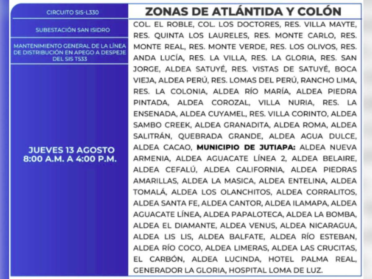 Más de 100 zonas de Honduras no tendrán luz por ocho horas este jueves 13 de agosto
