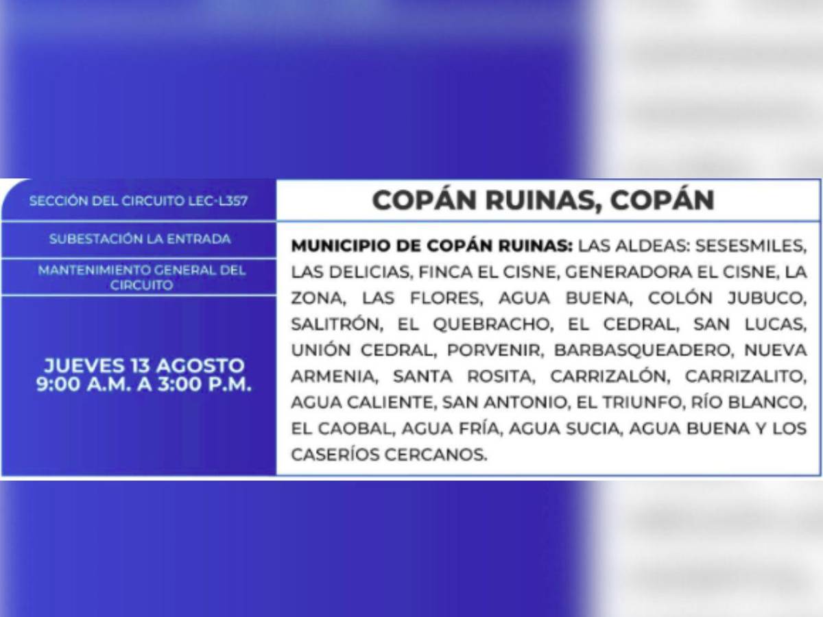 Más de 100 zonas de Honduras no tendrán luz por ocho horas este jueves 13 de agosto
