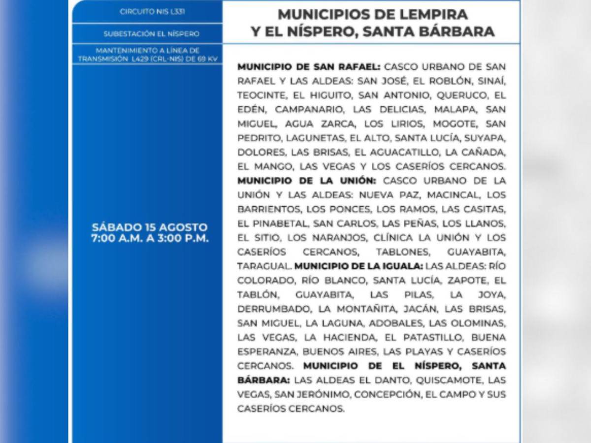 Varios municipios de Honduras estarán sin luz por ocho horas este sábado 15 de agosto