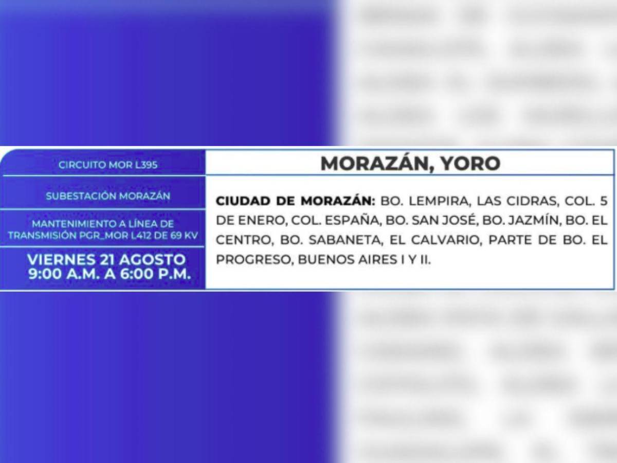 Más de 50 zonas de Honduras no tendrán energía este viernes 21 de agosto
