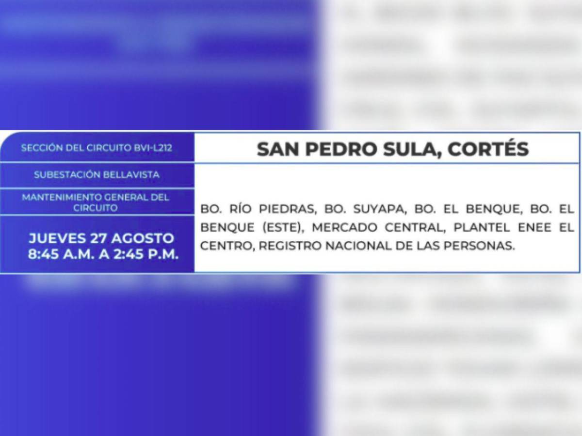 Estas zonas de Tegucigalpa y SPS no tendrán luz este jueves 27 de agosto
