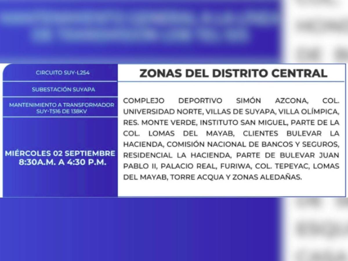 Amplios cortes de luz en estas zonas de Honduras este miércoles 2 de septiembre