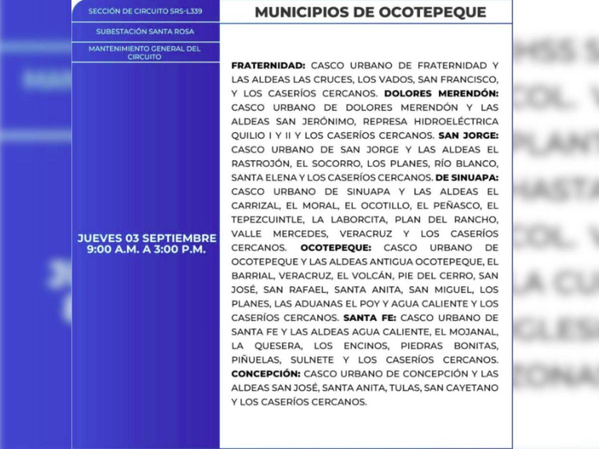 Nueve horas sin luz estarán estas zonas de Honduras  este jueves 3 de septiembre
