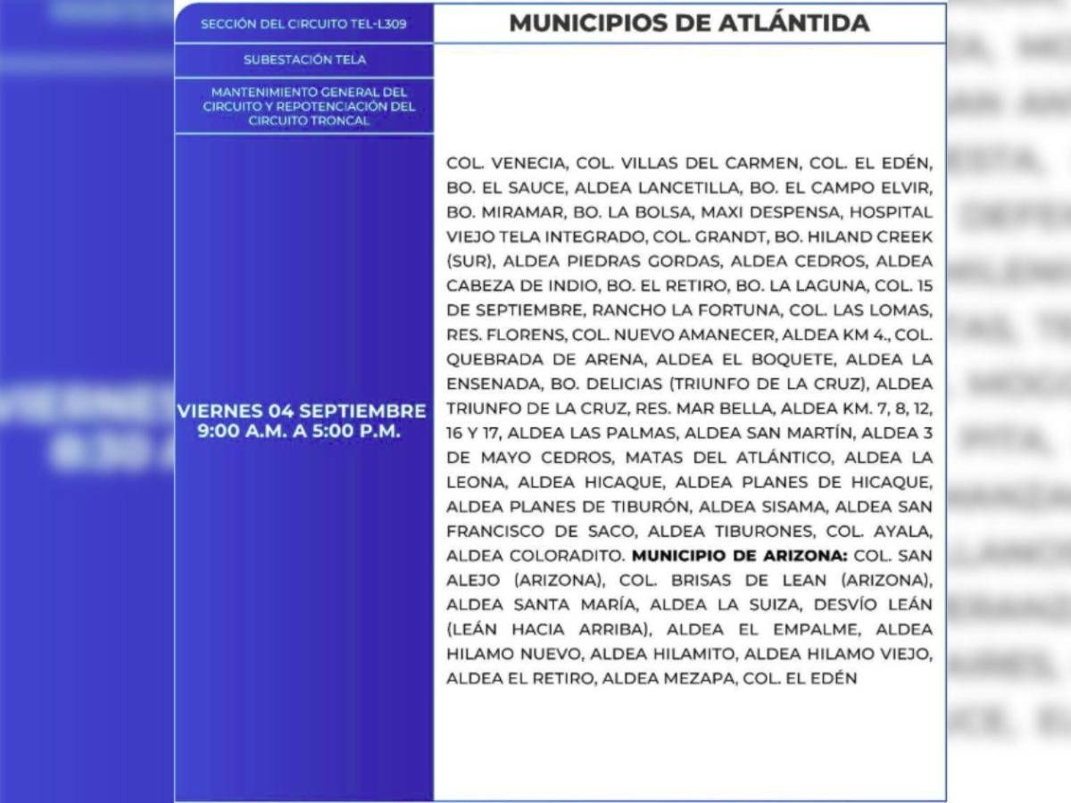Zonas de Tegucigalpa, SPS y Comayagua que no tendrán luz este viernes 4 de septiembre