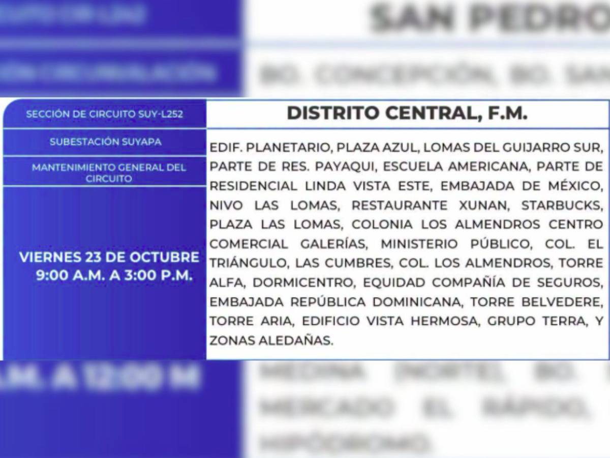 Estas zonas de SPS y el Distrito Central no tendrán energía este viernes 23 de octubre