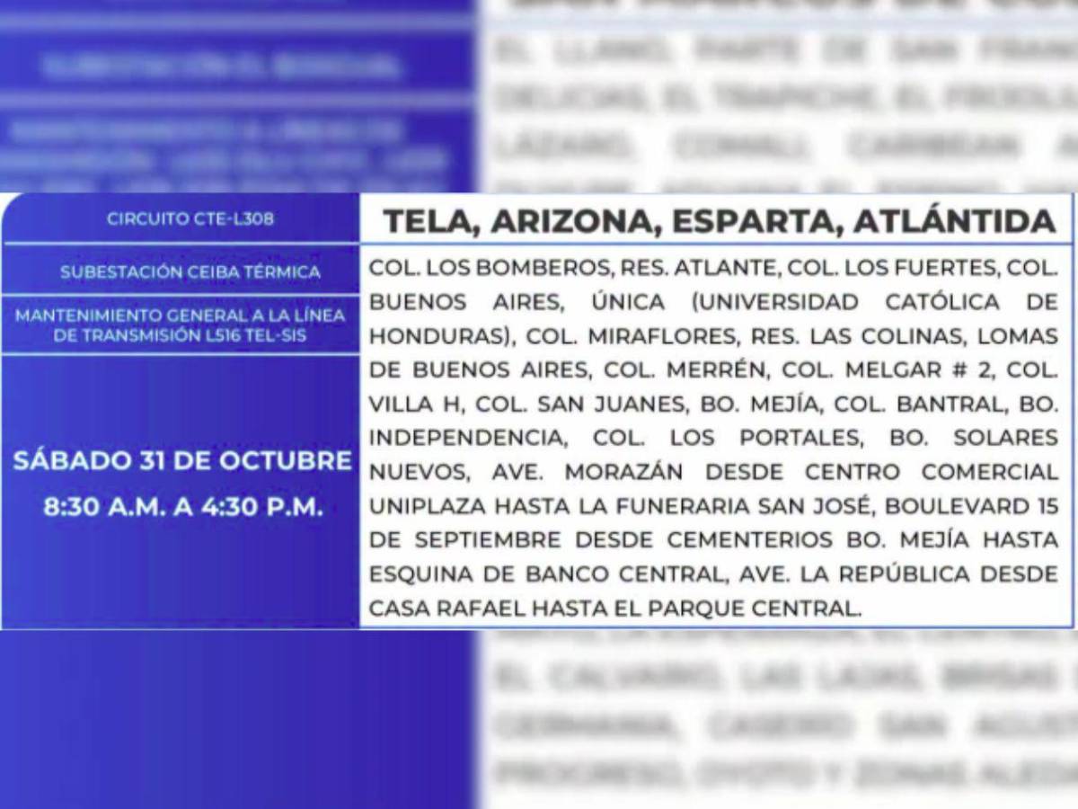 Estos sitios de Honduras no tendrán luz por 11 horas este sábado 31 de octubre