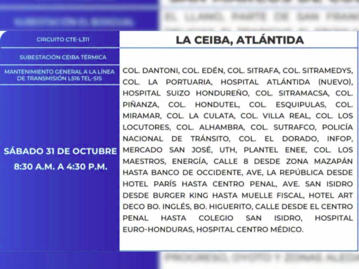 Estos sitios de Honduras no tendrán luz por 11 horas este sábado 31 de octubre