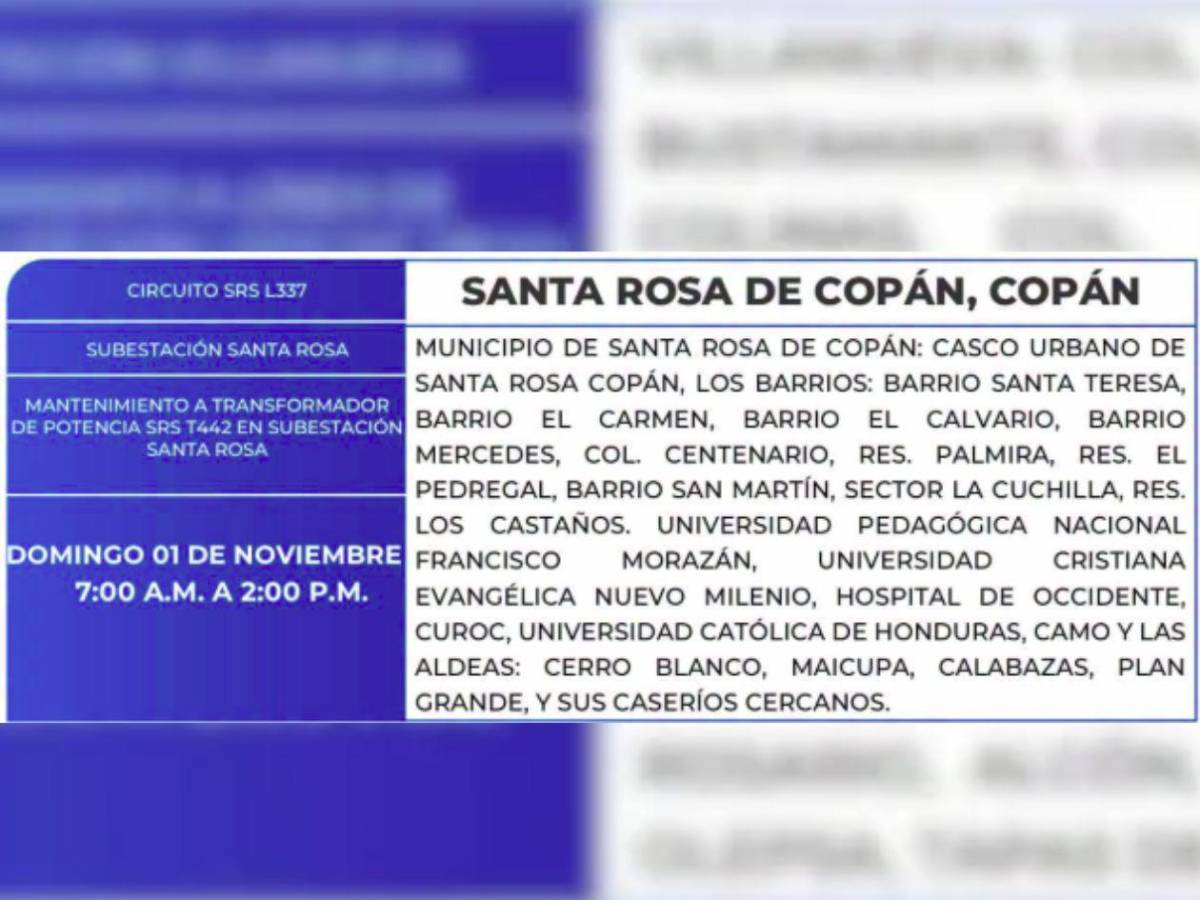 ¡Domingo sin luz! Extensa lista de zonas de Honduras no tendrán energía este 1 de noviembre
