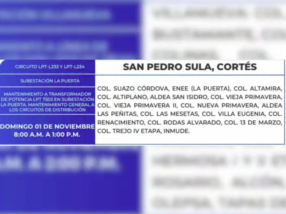 ¡Domingo sin luz! Extensa lista de zonas de Honduras no tendrán energía este 1 de noviembre