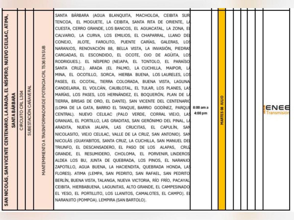 Enee anuncia masivos apagones este martes 8 de julio en Honduras