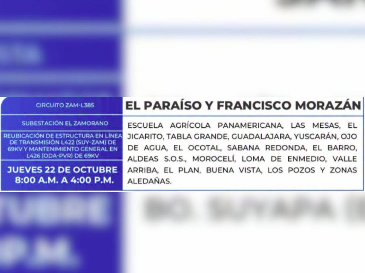 Extensos sitios de Honduras no tendrán energía este jueves 22 de octubre