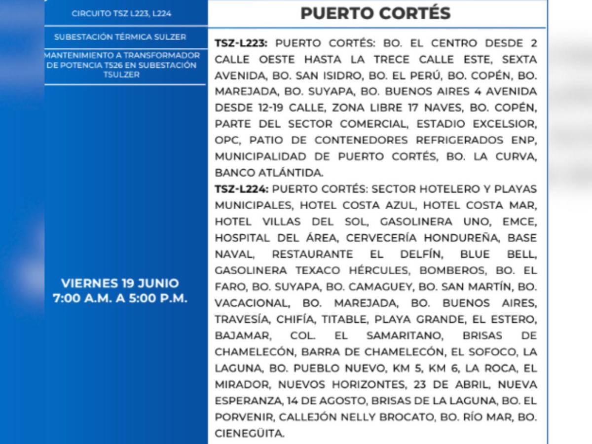 Diez horas sin luz estarán estas zonas de Honduras este viernes 19 de junio