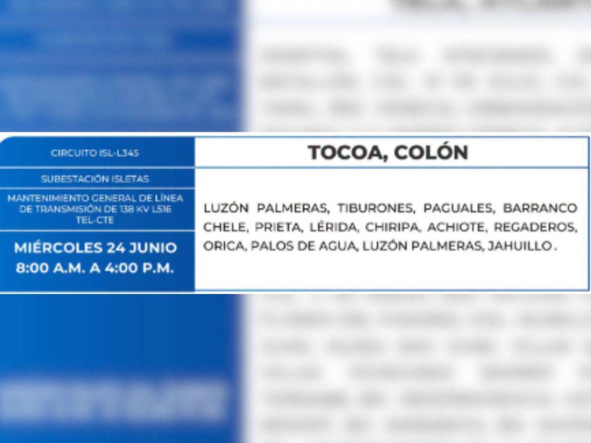 Estas zonas de Honduras no tendrán energía eléctrica este miércoles 24 de junio