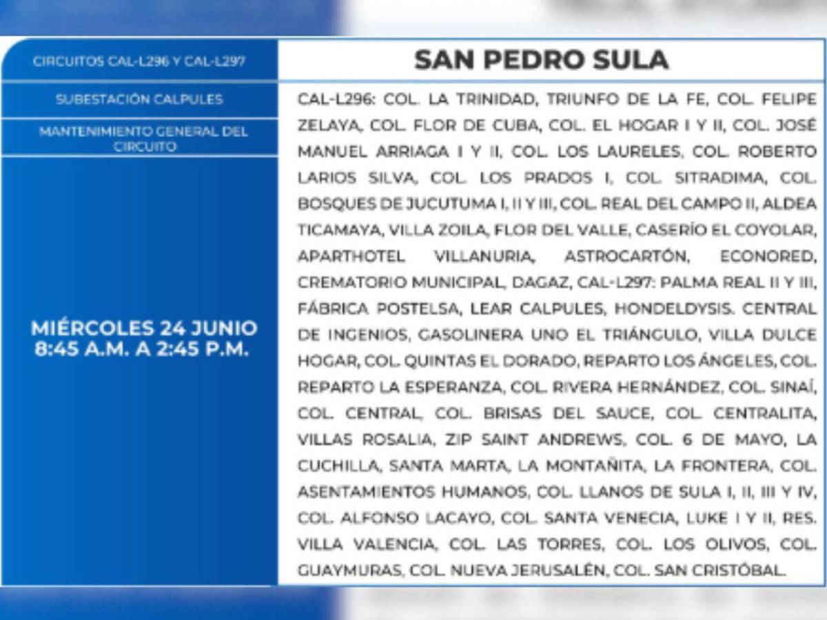 Estas zonas de Honduras no tendrán energía eléctrica este miércoles 24 de junio