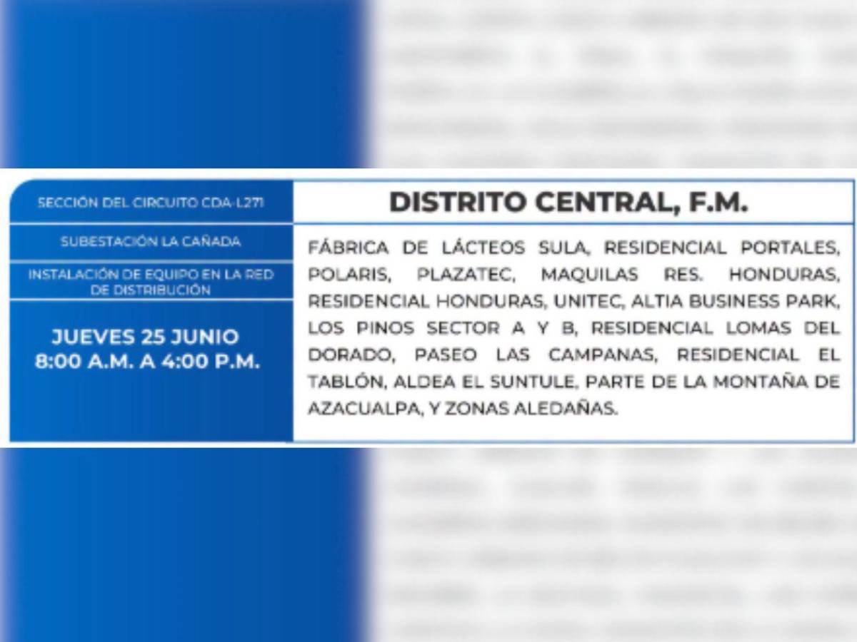 Ocho horas sin luz estarán estas zonas de Honduras este jueves 25 de junio
