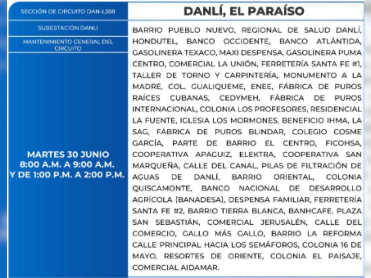 Estas zonas de Honduras no tendrán energía este miércoles 1 de julio