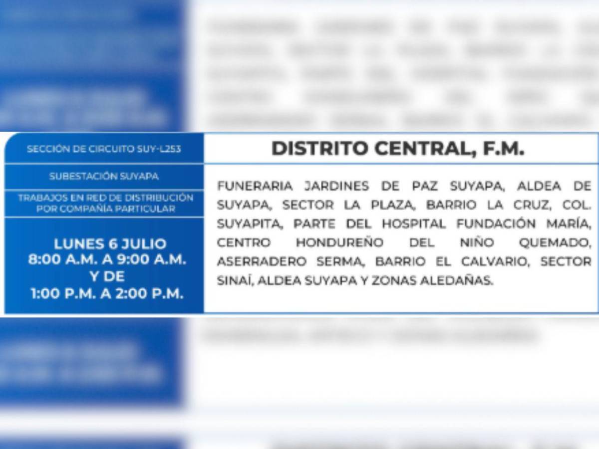 Estas zonas de San Pedro Sula y Tegucigalpa no tendrán luz este lunes 6 de julio