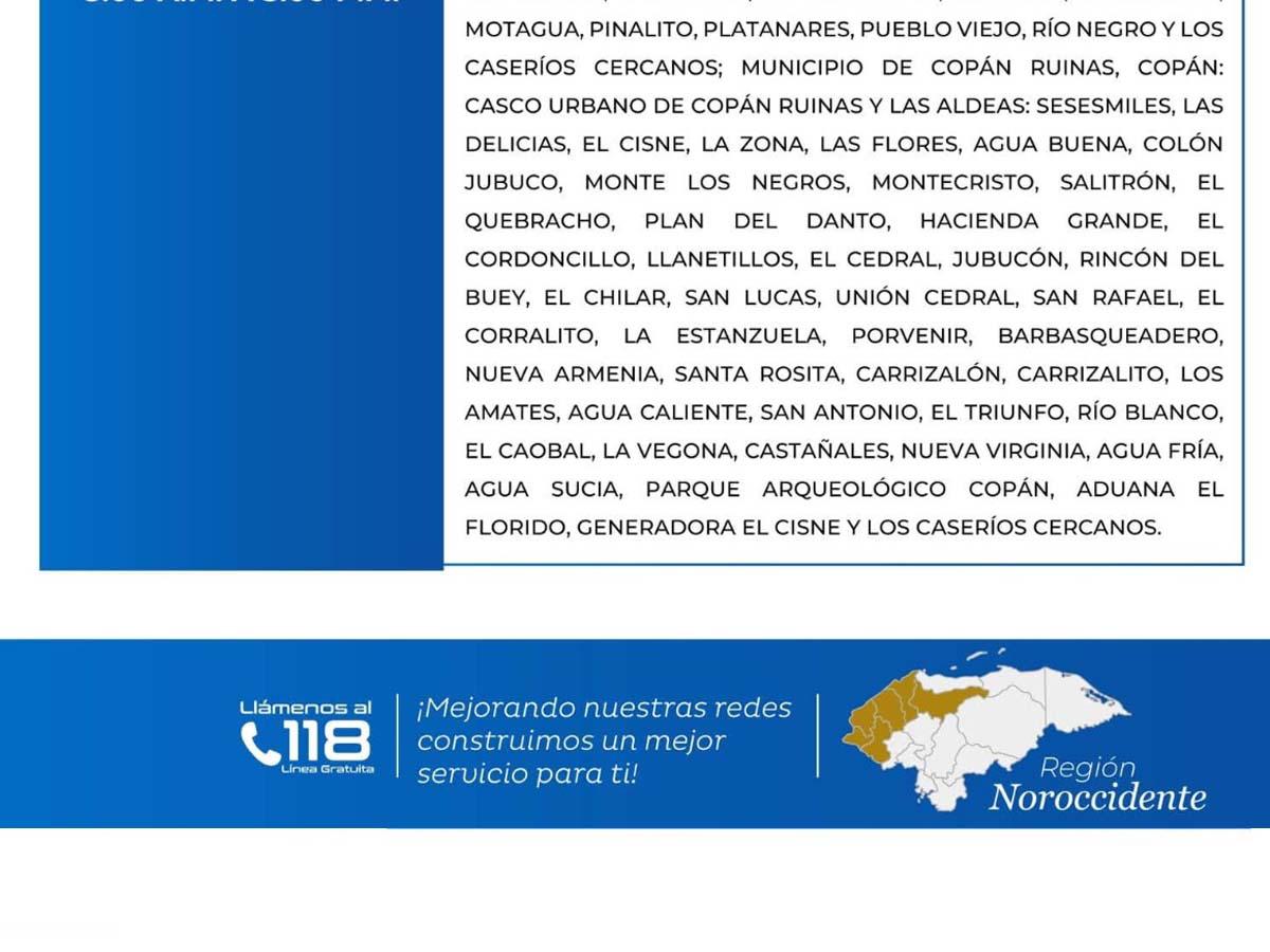 Miles de abonados de Copán, Ocotepeque y Santa Bárbara estarán sin energía este sábado 18 de julio