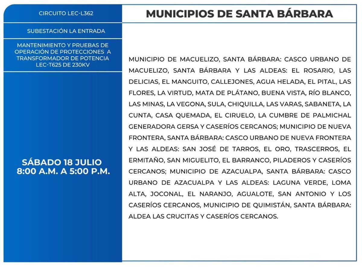 Miles de abonados de Copán, Ocotepeque y Santa Bárbara estarán sin energía este sábado 18 de julio