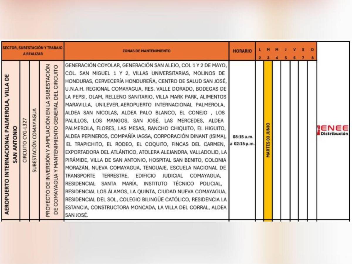 Cortes de luz programados por la Enee este martes 3 de junio en Honduras