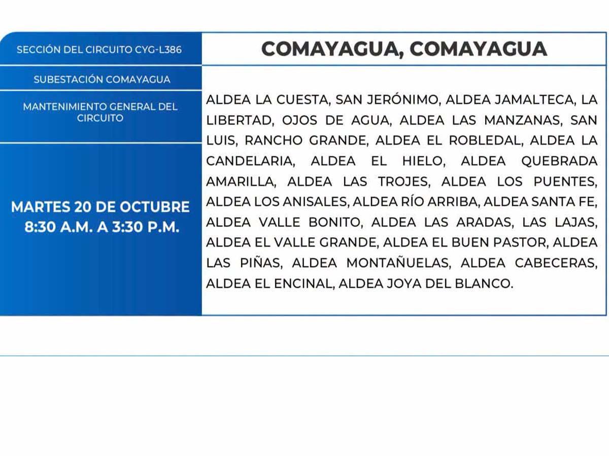 Cortes de energía de este martes 20 de octubre en Yoro, Tela, Santa Bárbara y Comayagua