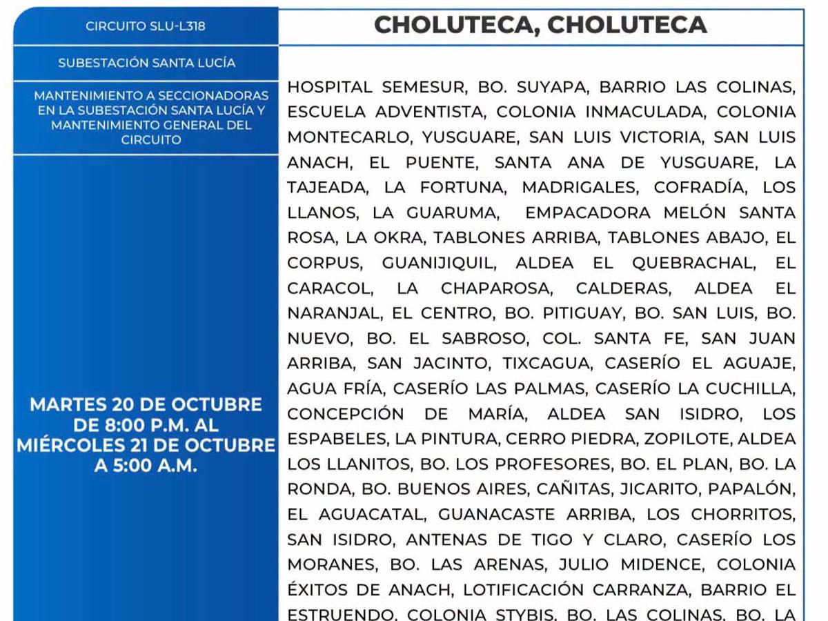 Cortes de energía de este martes 20 de octubre en Yoro, Tela, Santa Bárbara y Comayagua
