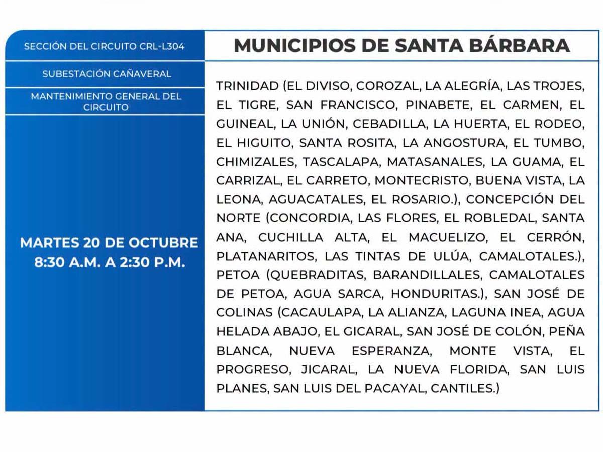Cortes de energía de este martes 20 de octubre en Yoro, Tela, Santa Bárbara y Comayagua