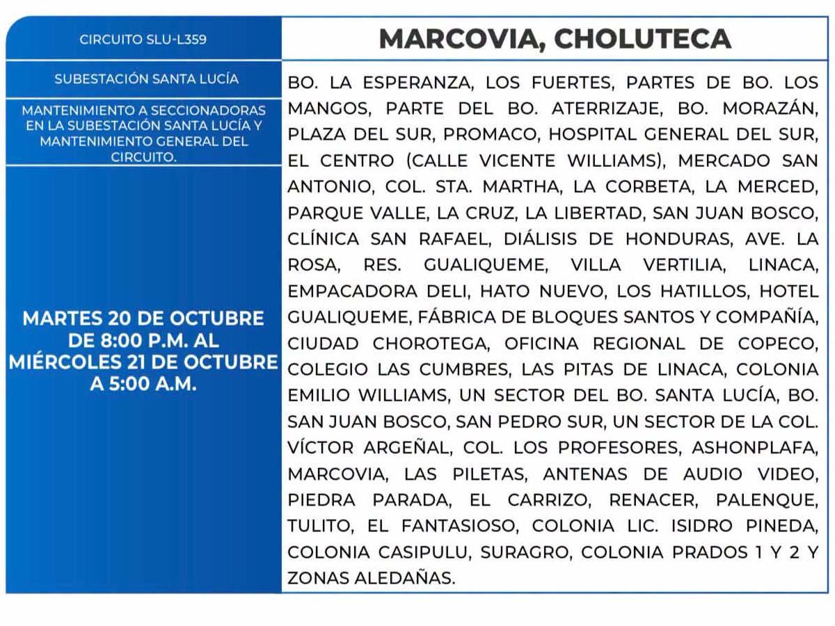 Cortes de energía de este martes 20 de octubre en Yoro, Tela, Santa Bárbara y Comayagua