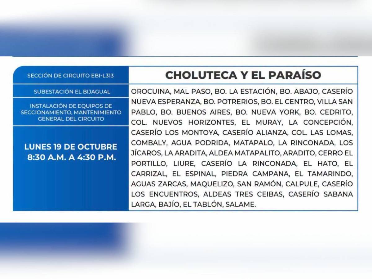 Zonas de Honduras que no tendrán energía este lunes 19 de octubre