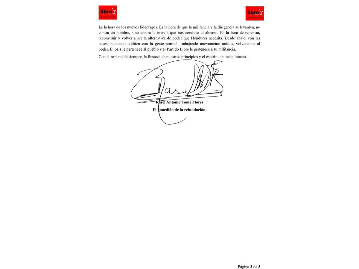 Rasel Tomé envía mensaje a Mel Zelaya tras derrota de Libre